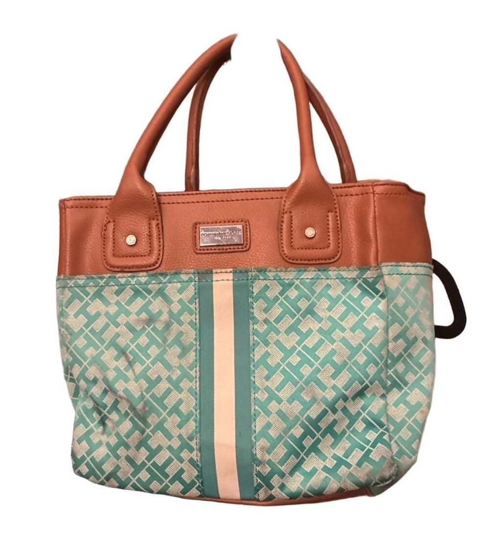 Tommy Hilfiger Teal And Brown Monogram Signature Tote Handbag